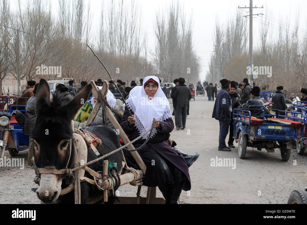 La provincia cinese dello Xinjiang, giorno di mercato nel villaggio di uighur Langar vicino a Kashgar / Cina Provinz Xinjiang, Markttag Langar in einem uigurischen Dorf bei Stadt Kashgar hier lebt das Turkvolk der Uiguren, das sich zum Islam bekennt Foto Stock
