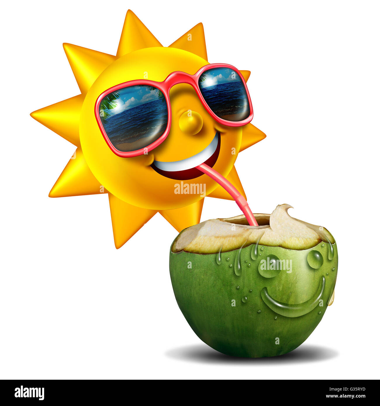 Estate icona ristoro come un felice carattere sun bere un fresco tagliato di noce di cocco aperta come una metafora estiva per una vacanza di relax con 3D'illustrazione degli elementi. Foto Stock