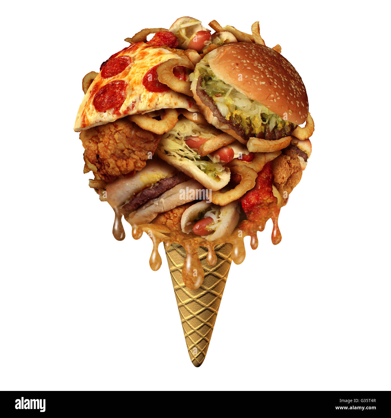 Estate junk food concept come insalubre considera come gli snack fritti conformata come un gelato su un cono come una salute e fitness, metafora per cattive abitudini alimentari durante i mesi caldi con 3D'illustrazione degli elementi. Foto Stock