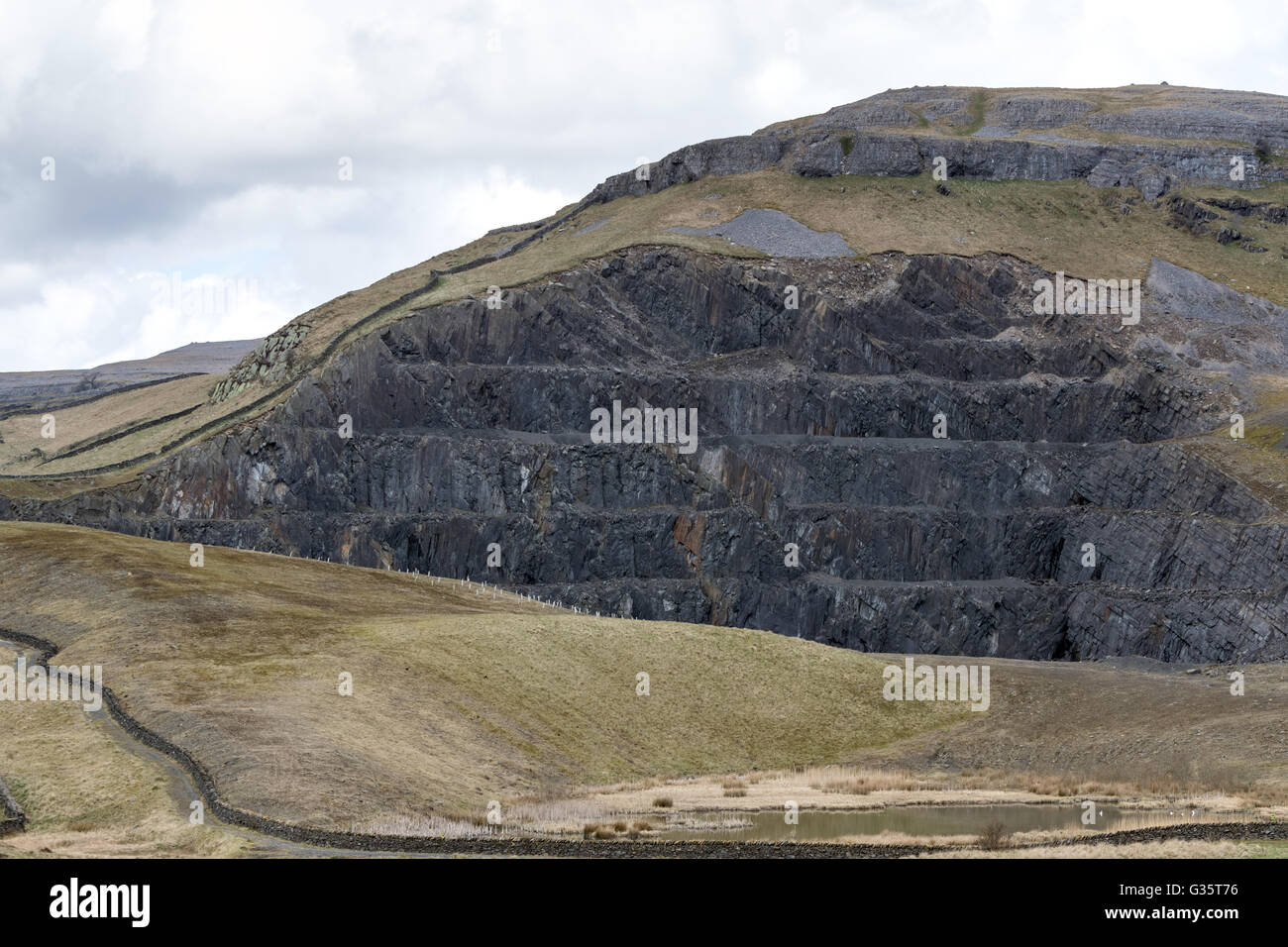 Inclinato gritstone strati di roccia ha rivelato a secco cava di Rigg in Yorkshire Dales Foto Stock
