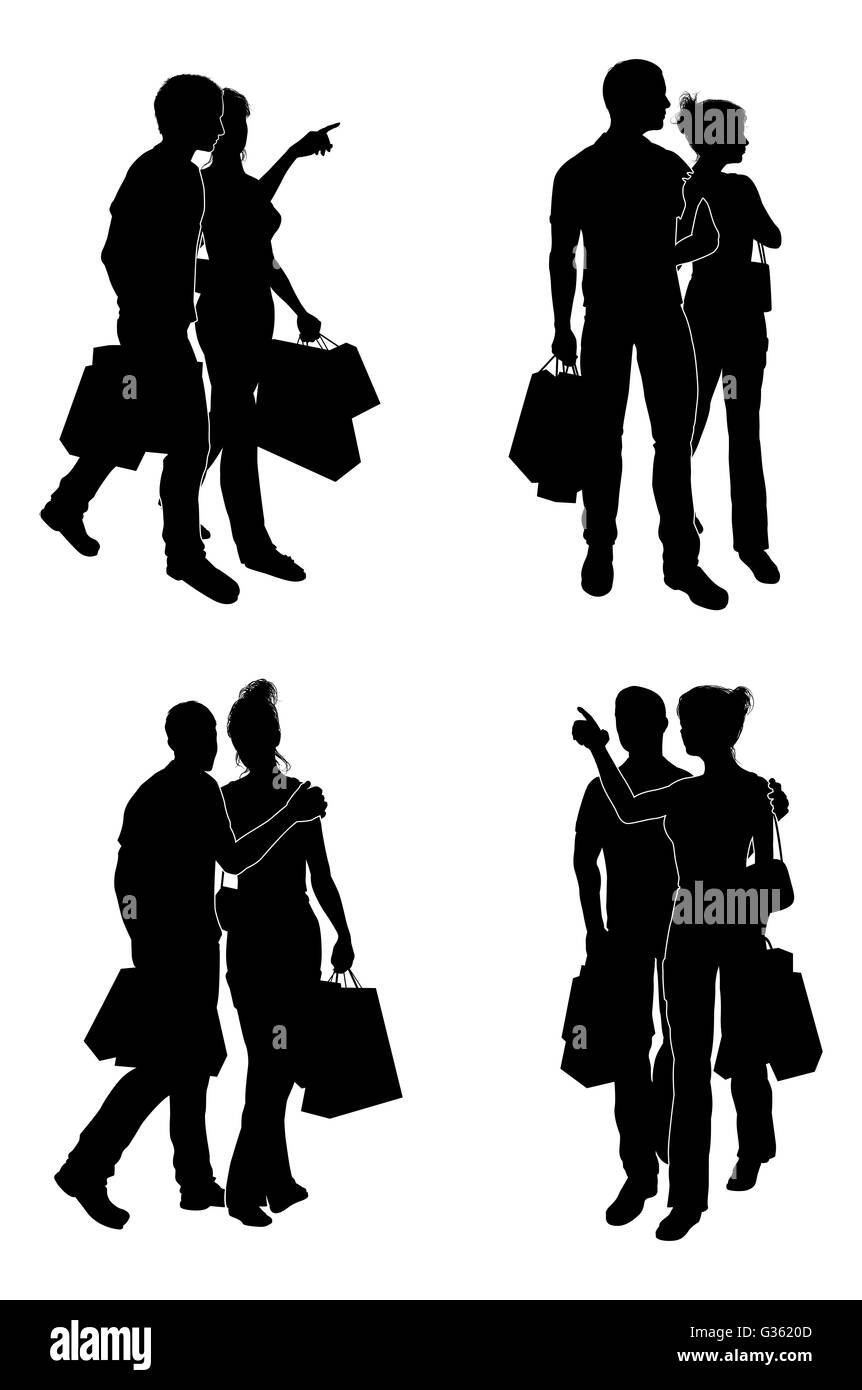 Un set di coppie sacchetti di contenimento felicemente shopping in negozi per la vendita al minuto, in silhouette Foto Stock