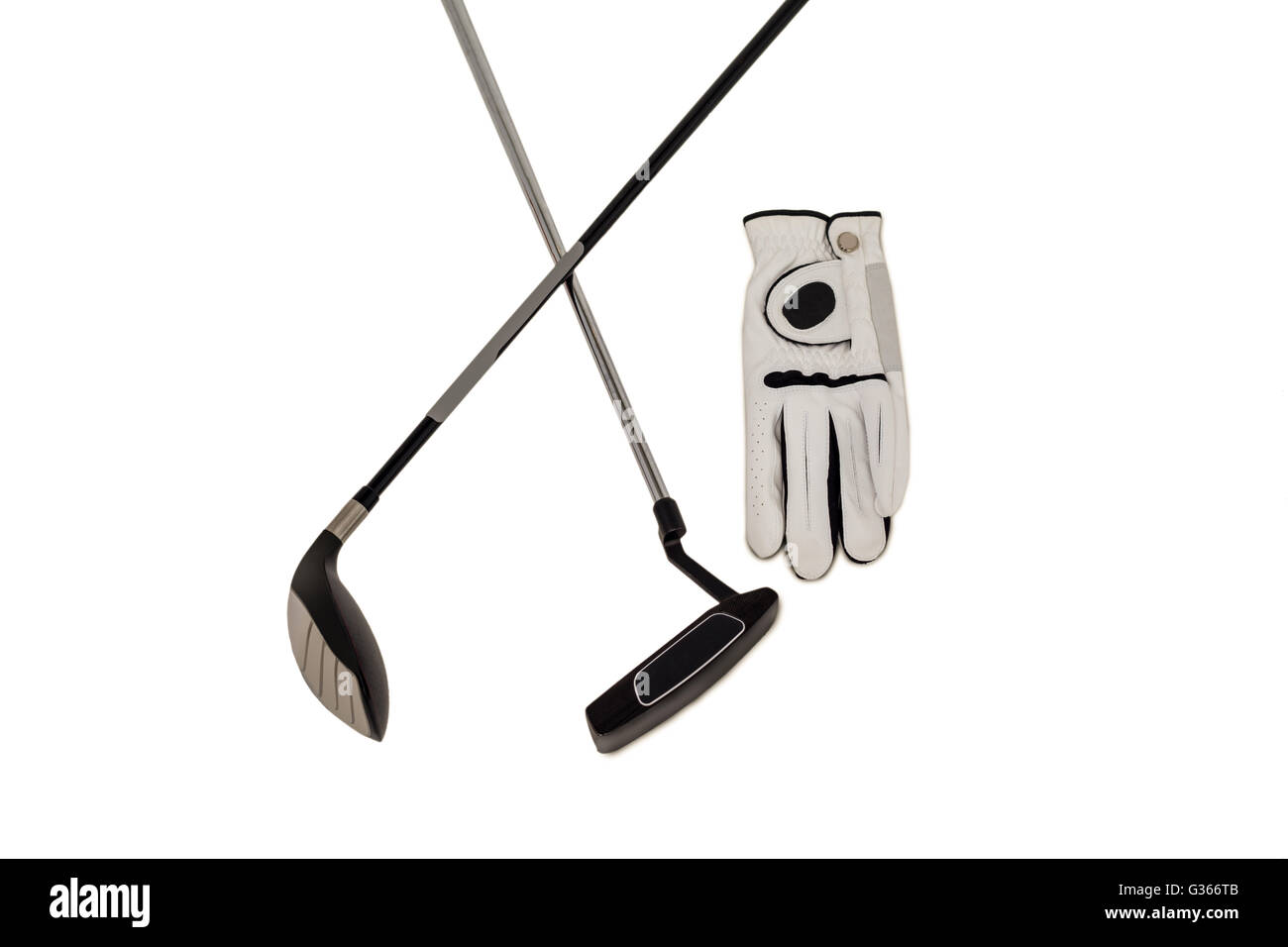 Golf club e guanto su sfondo bianco Foto Stock
