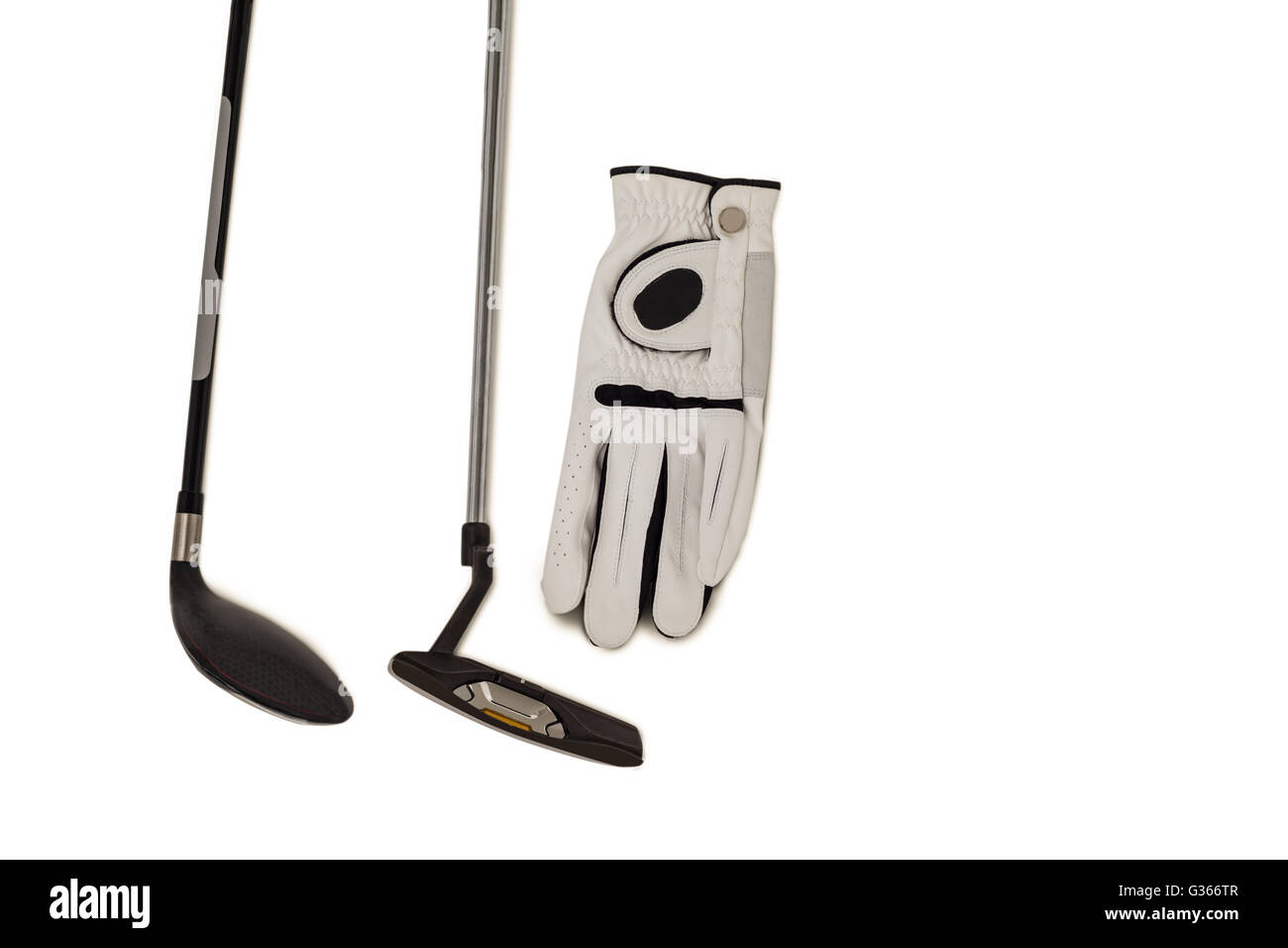 Golf club e guanto su sfondo bianco Foto Stock