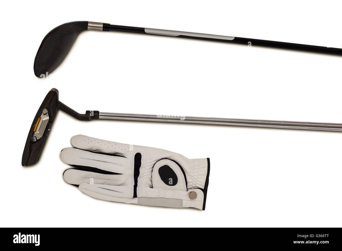Golf club e guanto su sfondo bianco Foto Stock