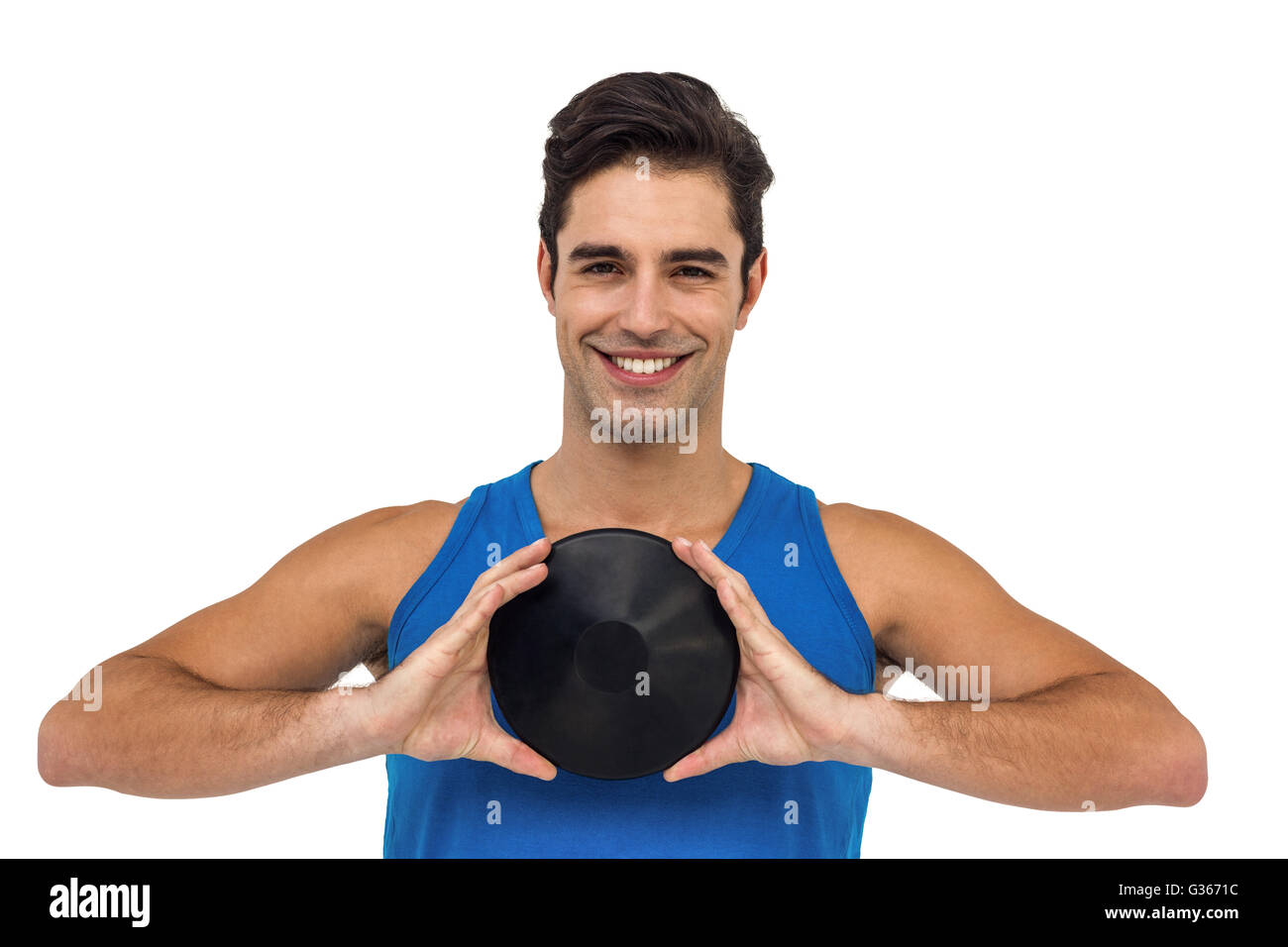 Atleta maschio in posa con discus throw Foto Stock