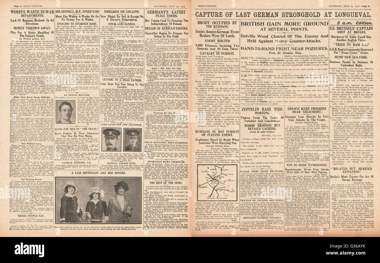 1916 Daily Sketch le forze britanniche catturano Longueval Foto Stock