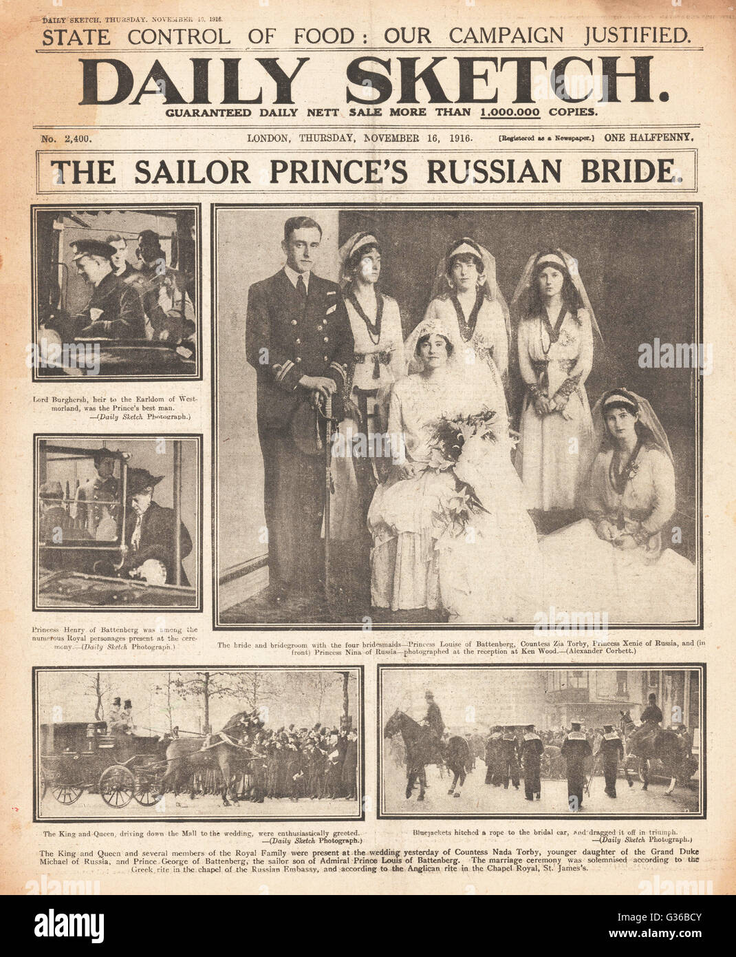 1916 Daily Sketch Wedding del principe Giorgio di Battenberg Foto Stock