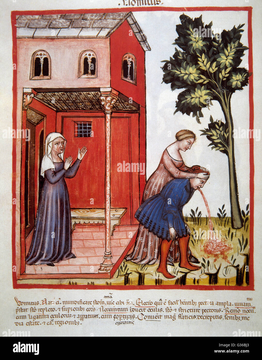 Tacuinum Sanitatis. Il XIV secolo. Manuale medievale di salute. Il vomito. Folio 99v. Foto Stock