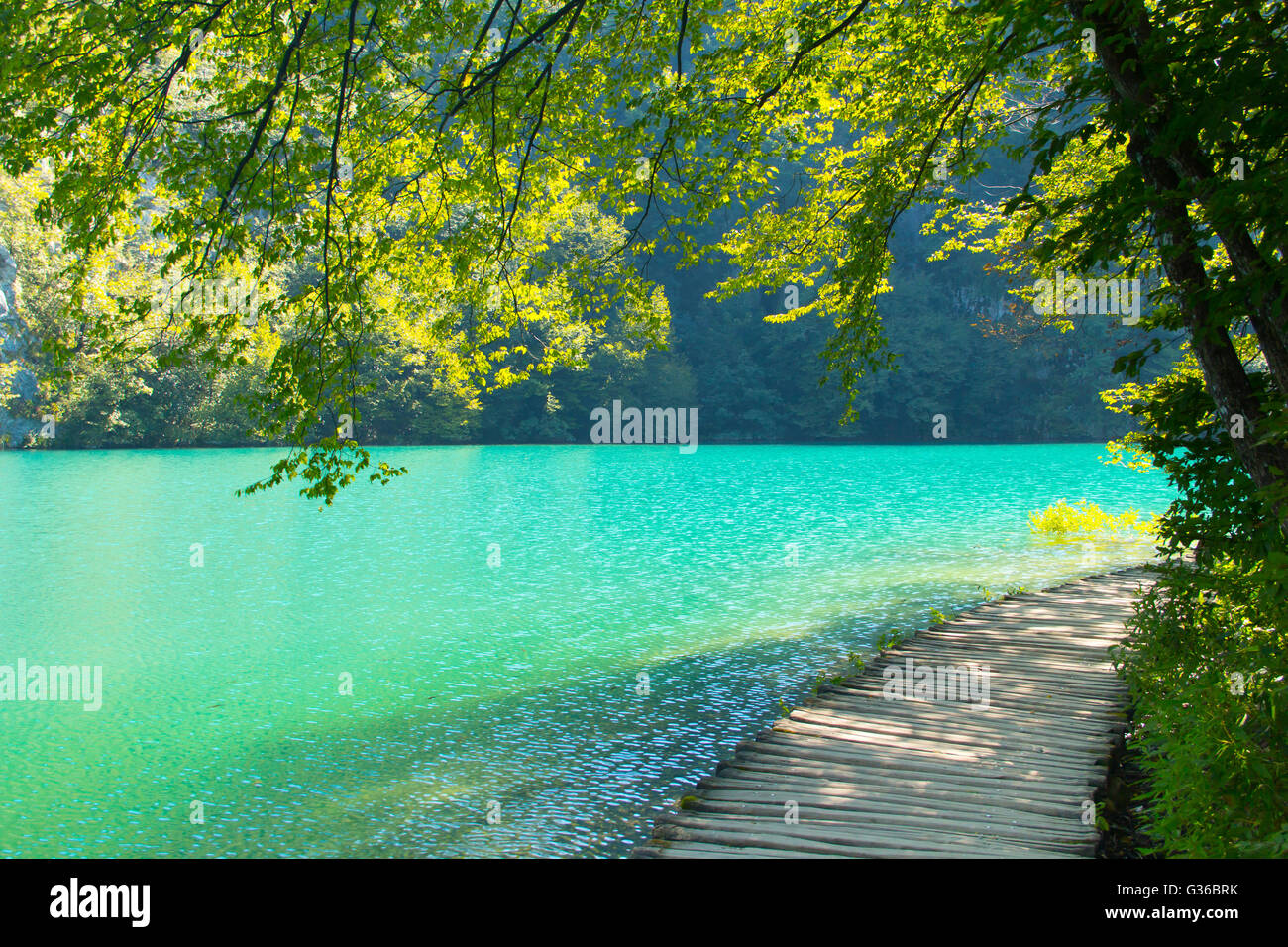 Percorso di legno nel parco nazionale dei Laghi di Plitvice in Croazia Foto Stock