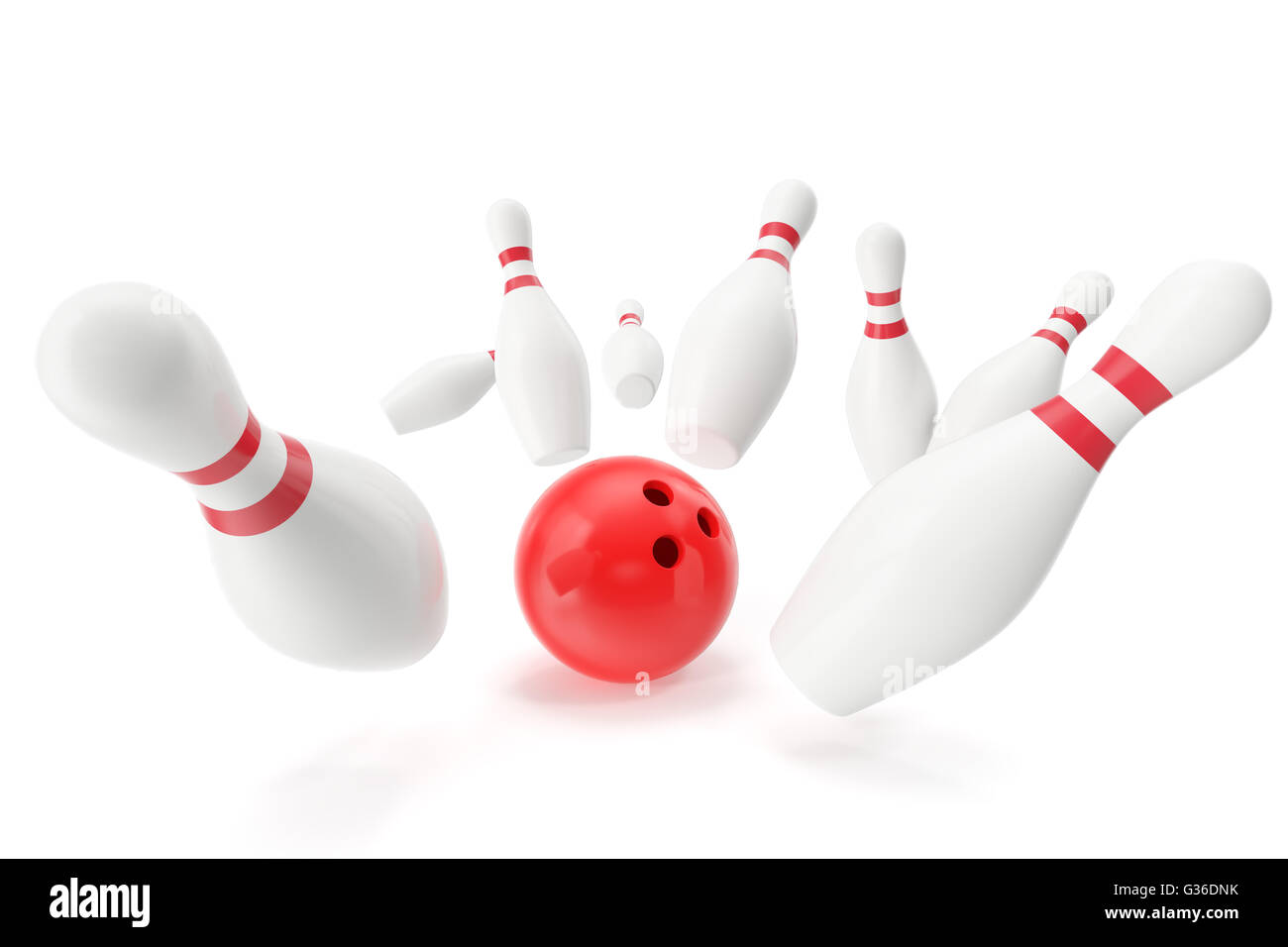 Bowling gioco, palla rossa schiantarsi dentro i birilli. 3d illustrazione Foto Stock