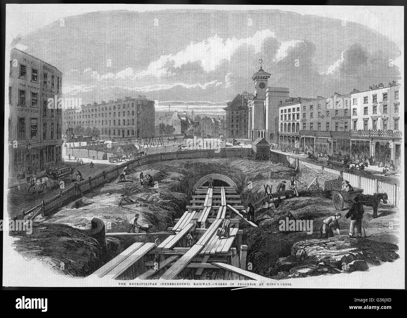 Lavori di costruzione in corso sul mondo prima ferrovia metropolitana vicino a King's Cross, nel centro di Londra. Data: 1861 Foto Stock