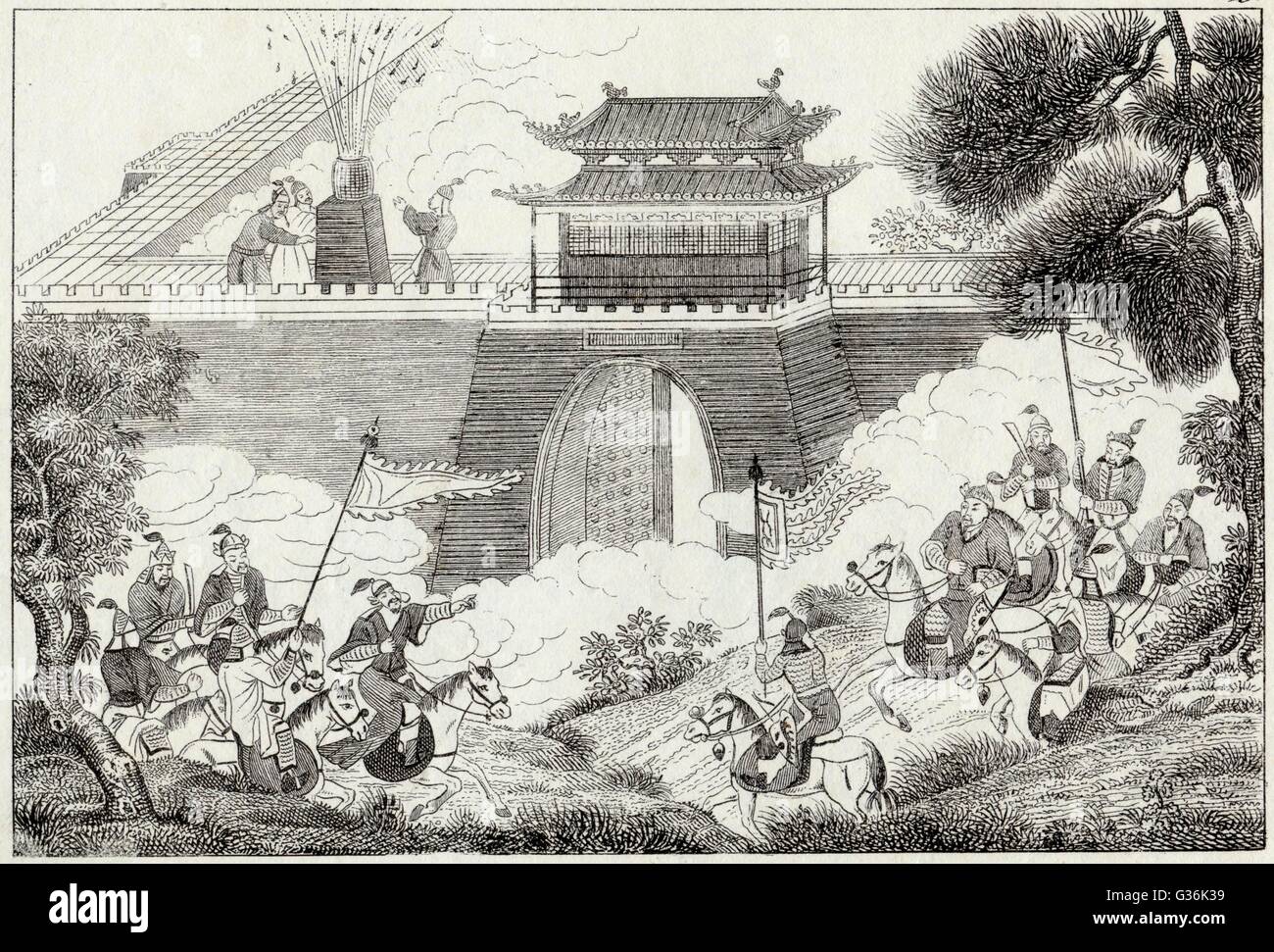 L'imperatore cinese Yeou Wang (dinastia Zhou) utilizza la polvere da sparo per spaventare il nemico. Data: circa 781 - 771 A.C. Foto Stock