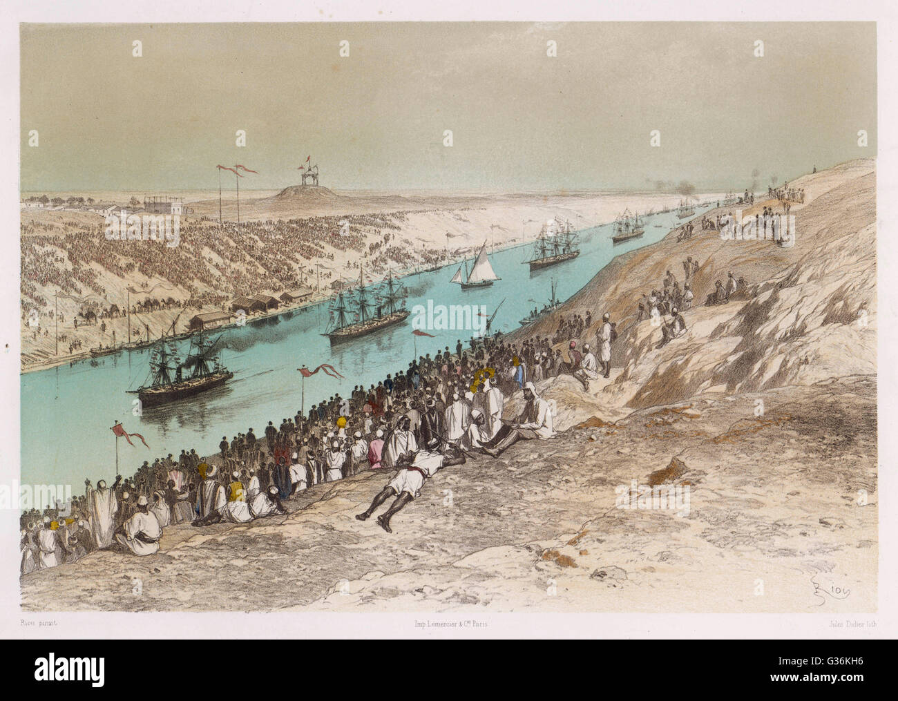 Apertura del Canale di Suez. La processione di barche, uno dei quali porta l'Imperatore dei Francesi, passa El Guist, guardato da migliaia di persone - molti dei quali sono sicuramente i lavoratori che hanno contribuito a costruire il canale. Data: 17 Novembre 1869 Foto Stock