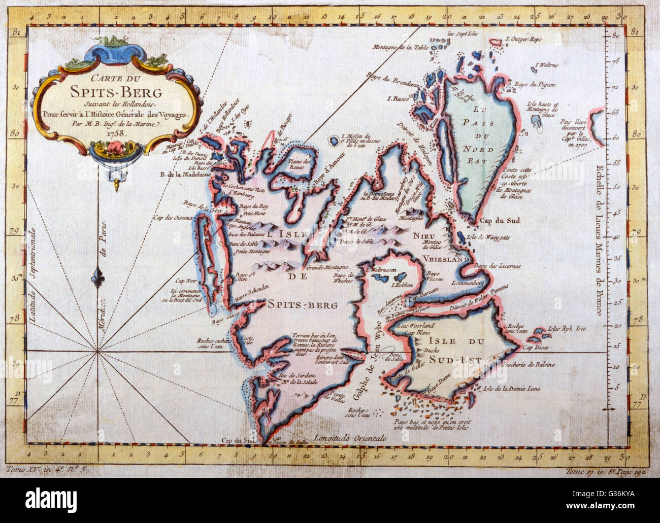 Mappa di Spitsbergen, Svalbard, Norvegia data: 1758 Foto Stock