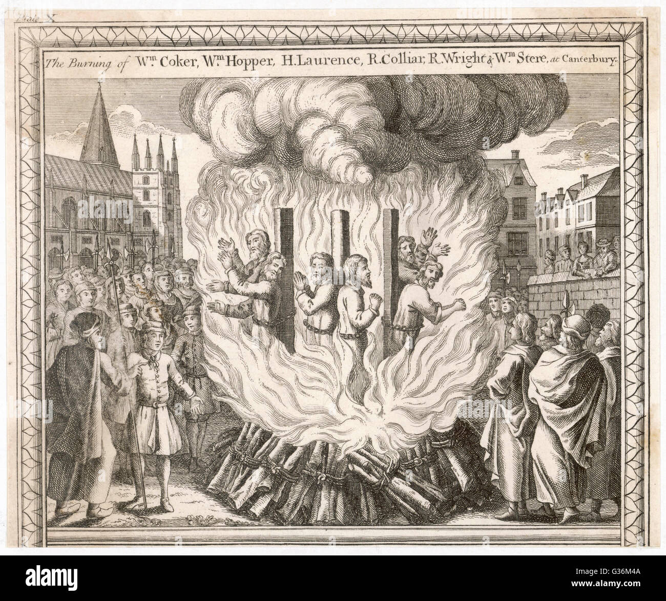 Sei martiri protestante bruciato a Canterbury: William Coker, William tramoggia, Hnery Laurence, Richard Colliar, Richard Wright e William giovenco data: 1555 Foto Stock