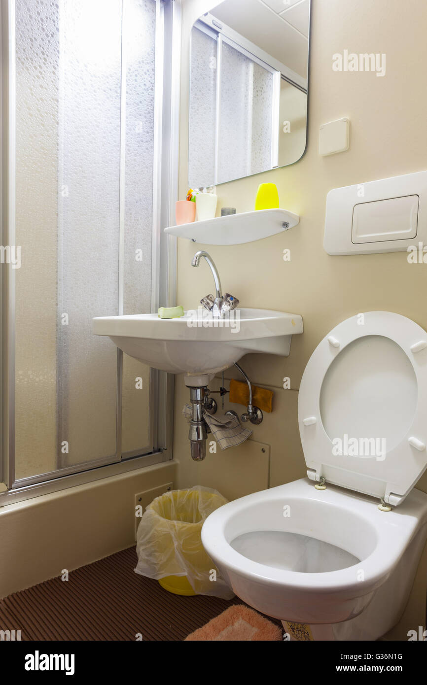 Un piccolo bagno con wc, un lavandino e una cabina doccia Foto Stock Un piccolo bagno con wc, un lavandino e una cabina doccia Foto Stock