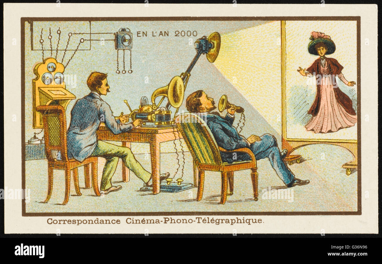 Un avveniristico cine-fono-telegrafo, che permette alle persone di parlare al telefono e vedere ogni altro sullo schermo allo stesso tempo. Data: 1899 Foto Stock