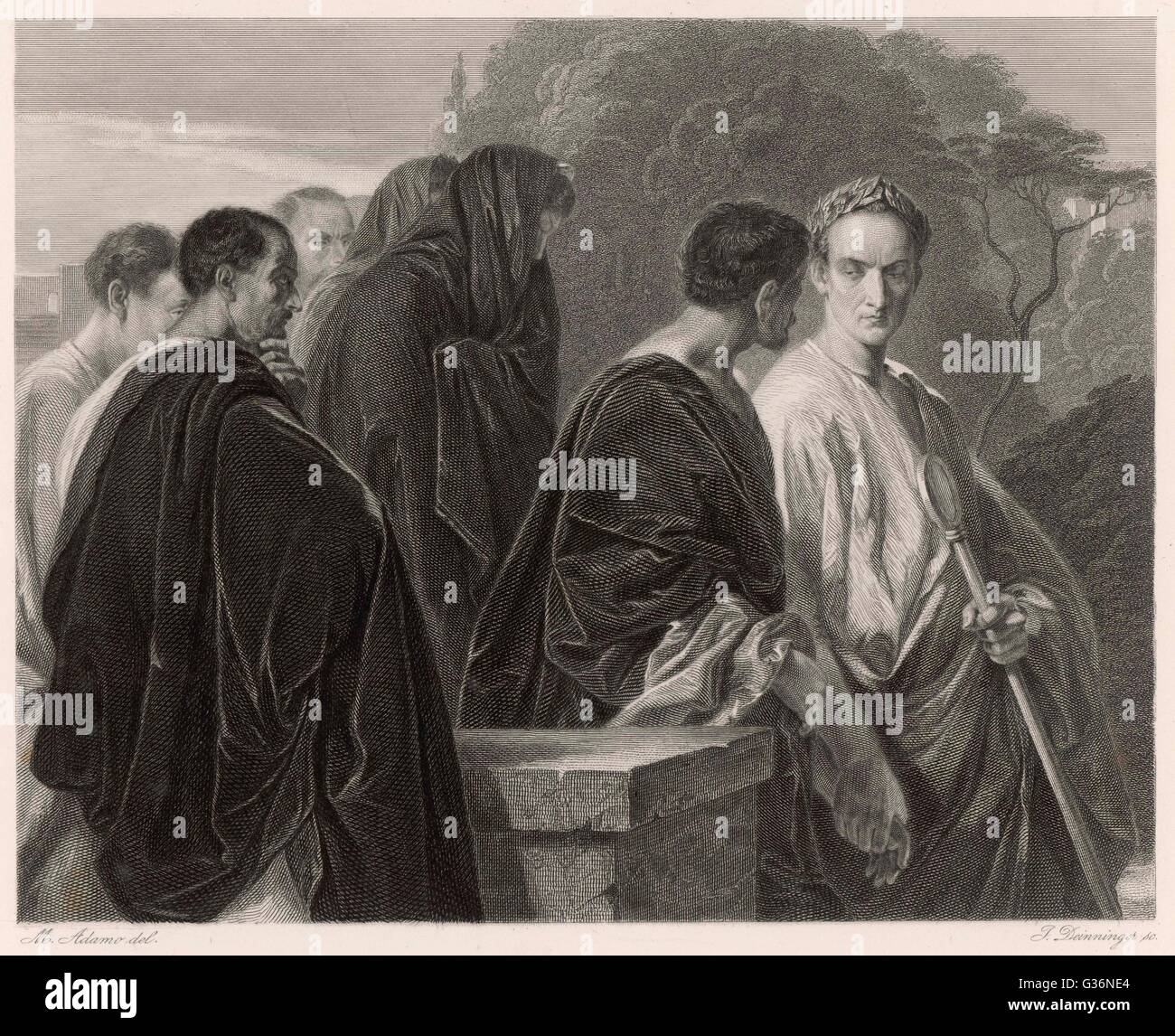 Una scena da Shakespeare gioco romano, Giulio Cesare, raffiguranti Cesare e i congiurati che lo ucciderà. Foto Stock