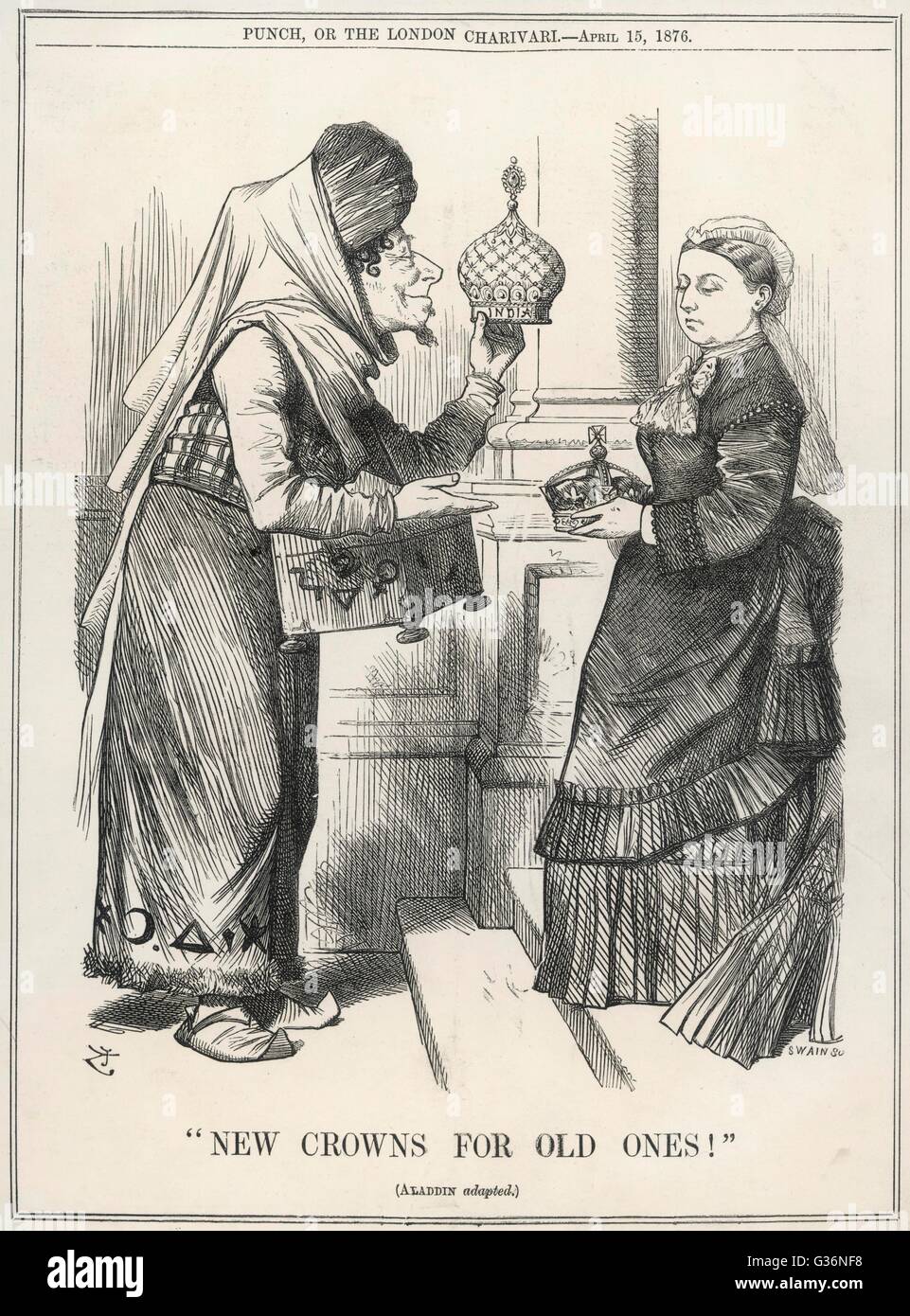 Nuove corone per quelli vecchi! Il primo ministro Benjamin Disraeli offre la regina Victoria la corona imperiale di India, in un cartoon spoof su un Arabian Nights racconto (Aladdin's nuove lampade per il vecchio). Data: 1876 Foto Stock