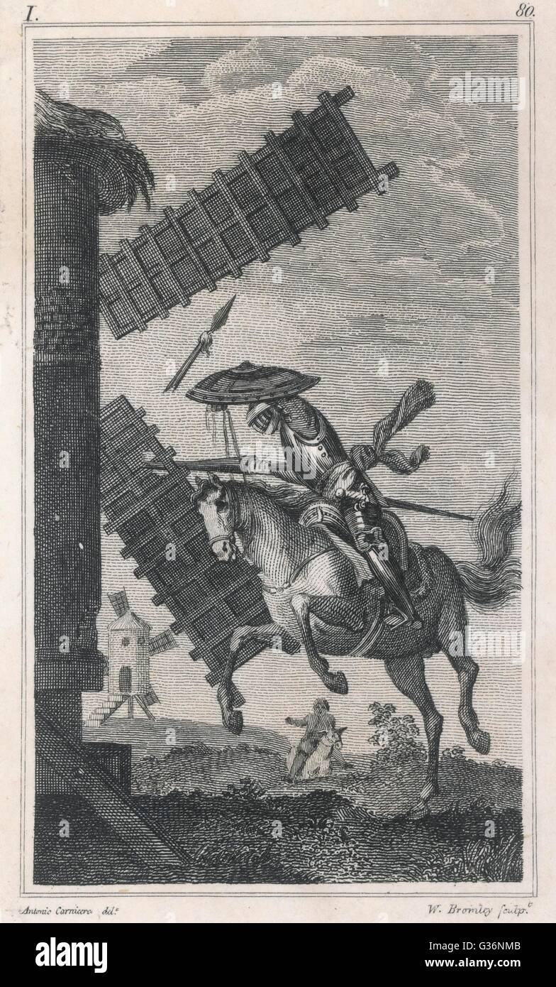 Una scena da Cervantes' romanzo Don Chisciotte -- l'eroe del titolo di attacchi da un mulino a vento, credendo di essere un nemico gigante. Data: primo pubblicato: 1605-15 Foto Stock