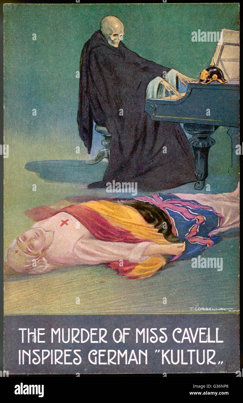L'infermiera inglese, Edith Cavell (1865-1915), che è stato eseguito dai tedeschi per aiutare i soldati escape -- 'l'assassinio di Miss Cavell ispira il tedesco Kultur". L'infermiera il corpo giace sul pavimento ricoperto da un britannico e una bandiera belga, mentre uno scheletro Foto Stock