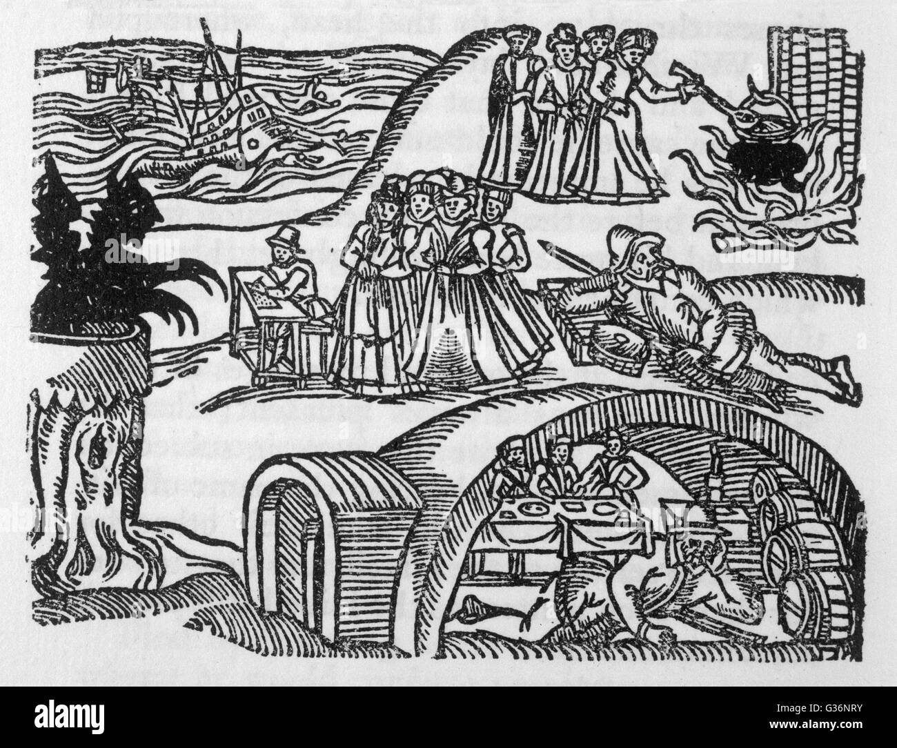Il North Berwick Streghe -- Satana lures Dr Fian e altre persone sbagliate per indulgere in male pratiche come causando naufragi mediante colata di incantesimi. Data: circa 1590 Foto Stock