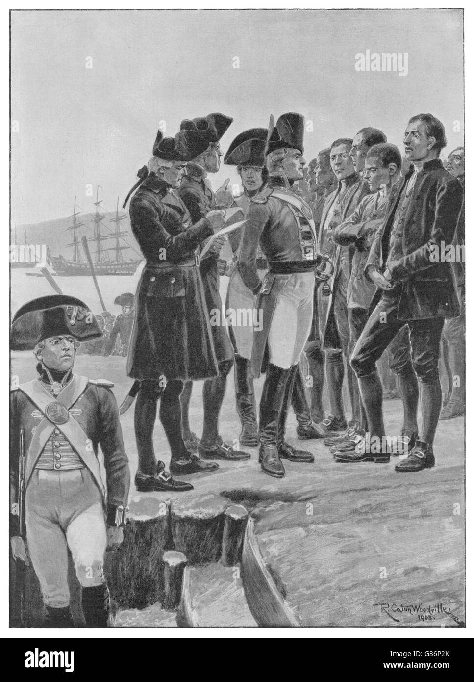 Capitano Arthur Phillip, primo governatore del New South Wales, ispezione di condannare i coloni a Sydney, in Australia, dove fondò un insediamento per loro. Data: gennaio 1788 Foto Stock