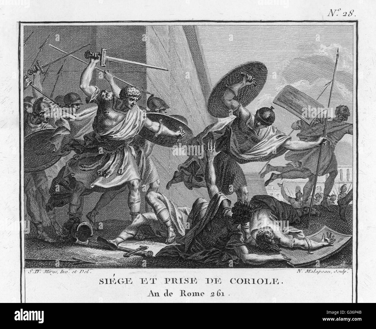 Gaio Marcius, il leggendario eroe romano, tenendo il Volscian città di Corioli, risultante in suo nome aggiuntivo, Coriolanus, e la sua promozione a generale. Data: 492 BC Foto Stock