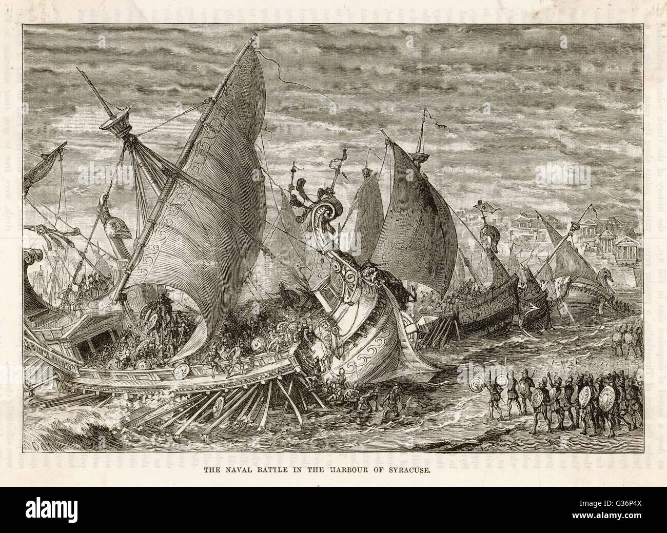 Battaglia navale nel porto di Siragusa (Siracusa), Sicilia, durante la Guerra del Peloponneso. Data: 413 BC Foto Stock