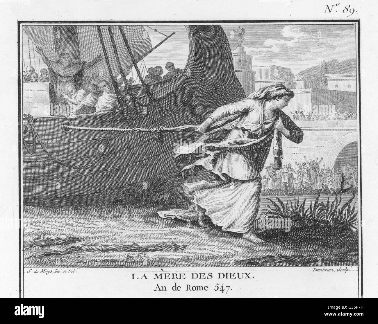 La matrona romana Claudia Quinta cancella il suo nome trascinando una nave recante una statua di culto della Grande Madre (Magna Mater, culto di Cybele) in Roma, dopo il primo a pregare la divinità per aiutare. Data: 205 BC Foto Stock