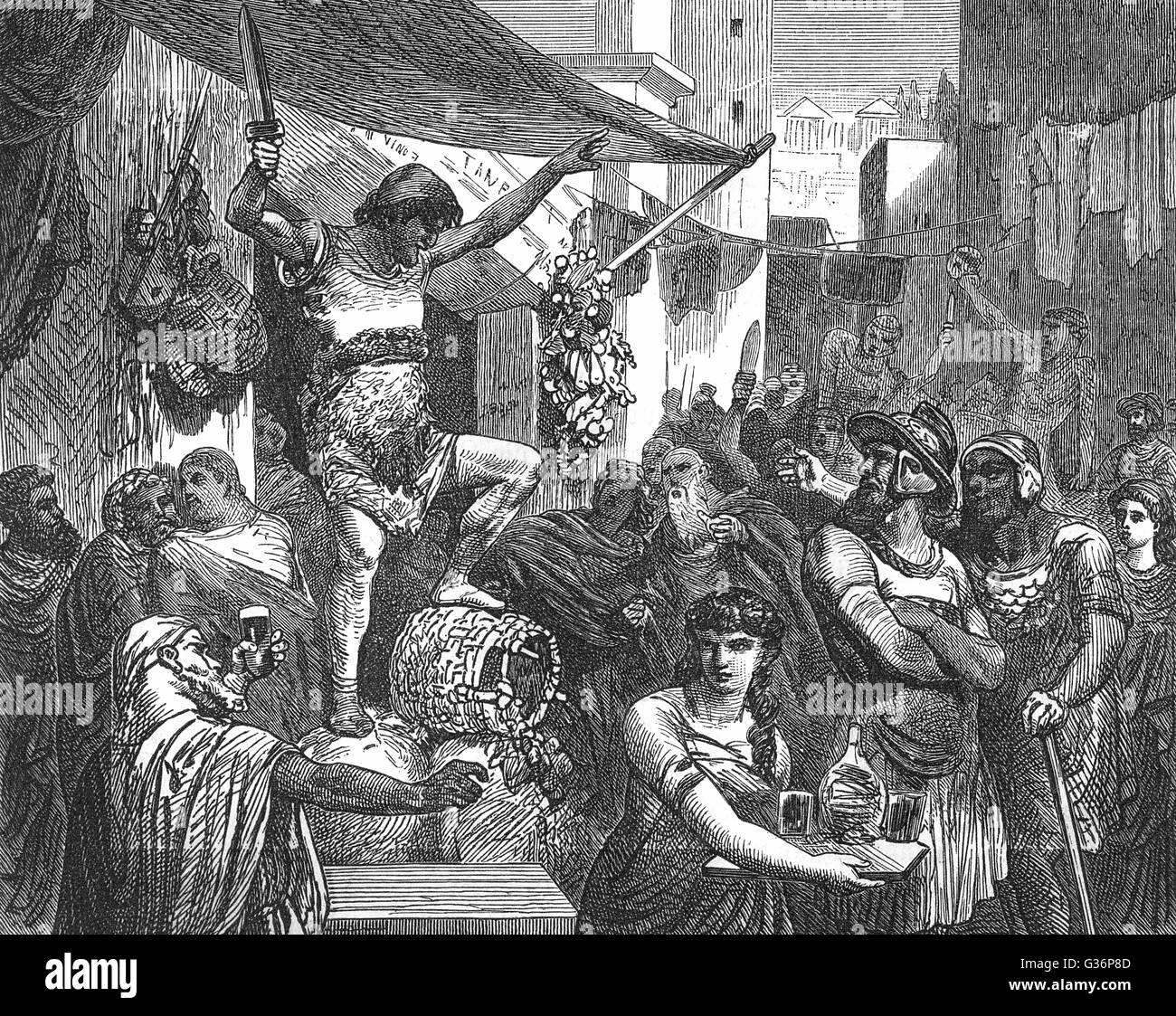 Una vivace scena per le strade di Roma antica. Data: circa 200 BC Foto Stock