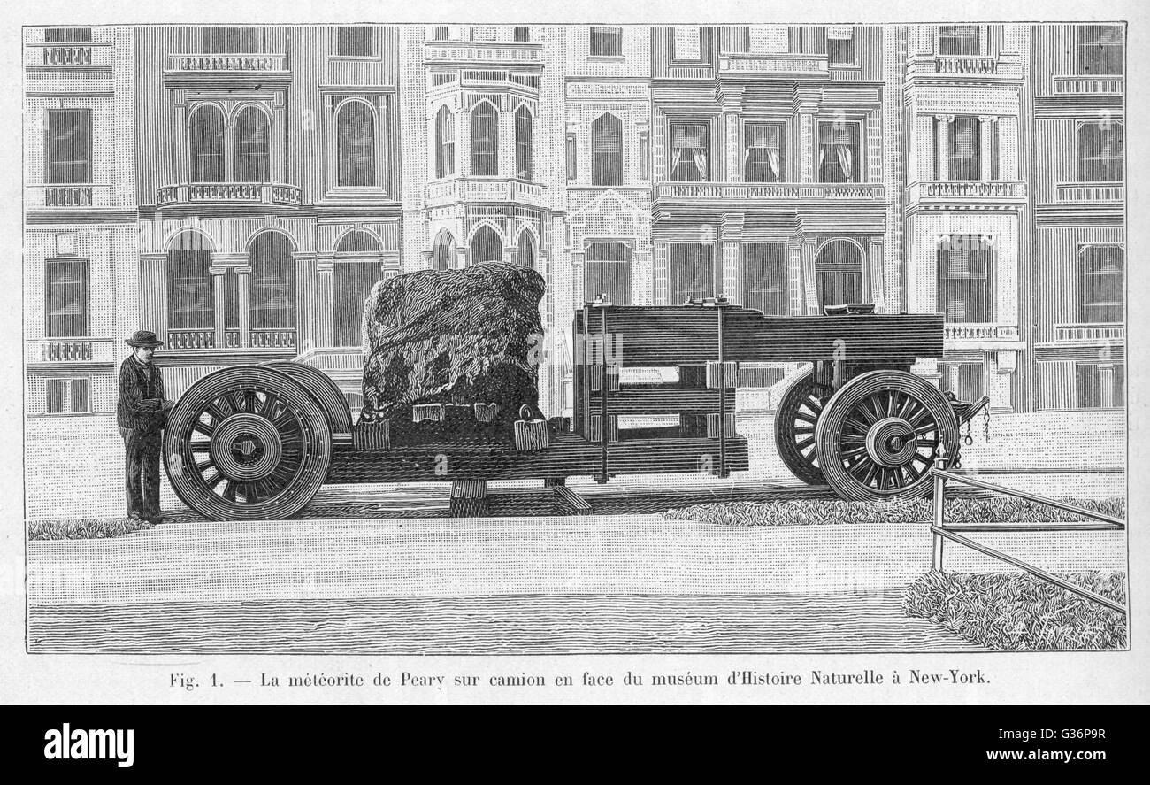 Il trasporto di un grande meteorite ferroso trovato a Cape York, Groenlandia, dall'American explorer Robert Edwin Peary e prese per scopi di visualizzazione per il Museo di Storia Naturale di New York. (2 di 2) Data: 1894 Foto Stock