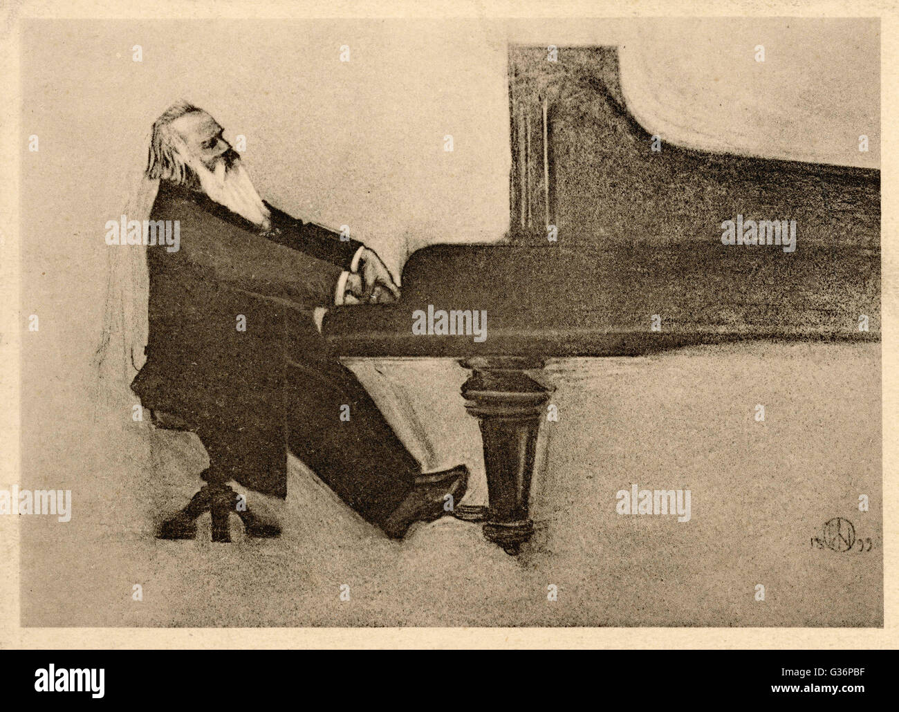 Johannes Brahms, Tedesco compositore e musicista. Visto qui nel profilo, la riproduzione di un pianoforte a coda. Data: 1833 - 1897 Foto Stock