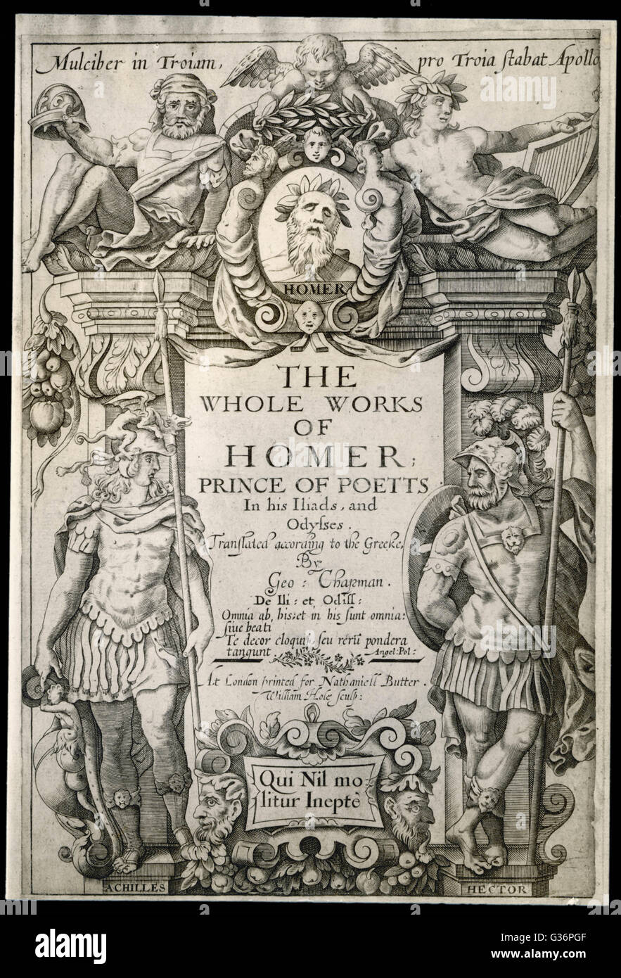 Pagina Del Titolo Della Prima Edizione Di Tutta Le Opere Di Omero Tradotto In Inglese Da George Chapman Le Principali Opere Dei Due Essendo L Iliade E L Odissea Data 1616 Foto Stock