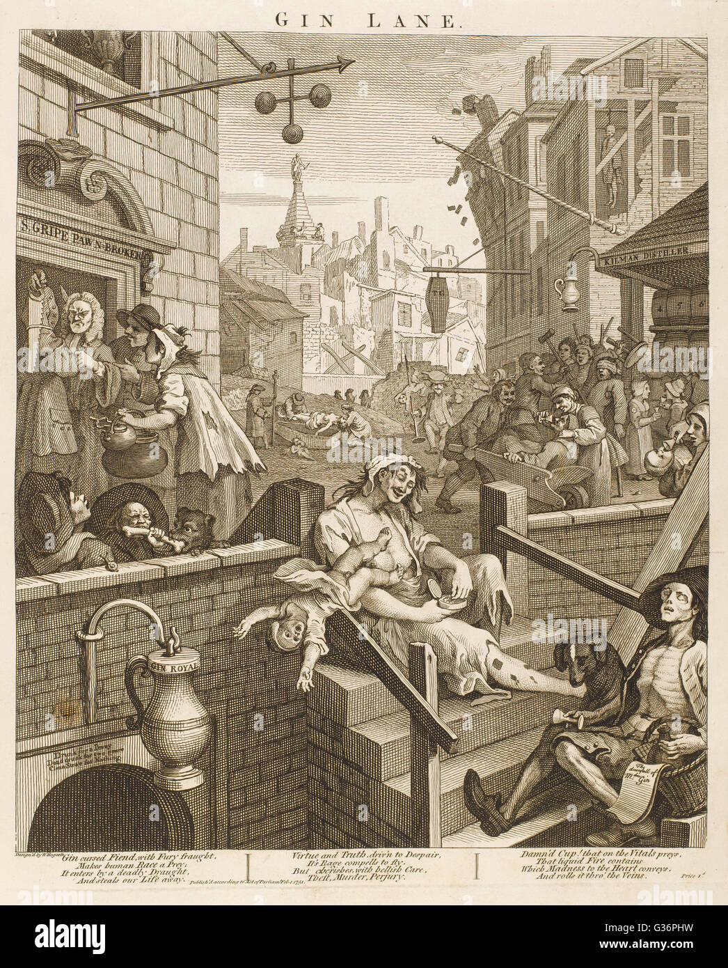 Hogarth, Gin Lane. Una politica di supporto di stampa un provvedimento ministeriale contro il numero illimitato di vendita di gin (che più tardi divenne il Gin Act). Una scena di vita londinese è rappresentato in cui il pawnbrokers, gin cantina e distilleria sono ora molto fiorente e peo Foto Stock