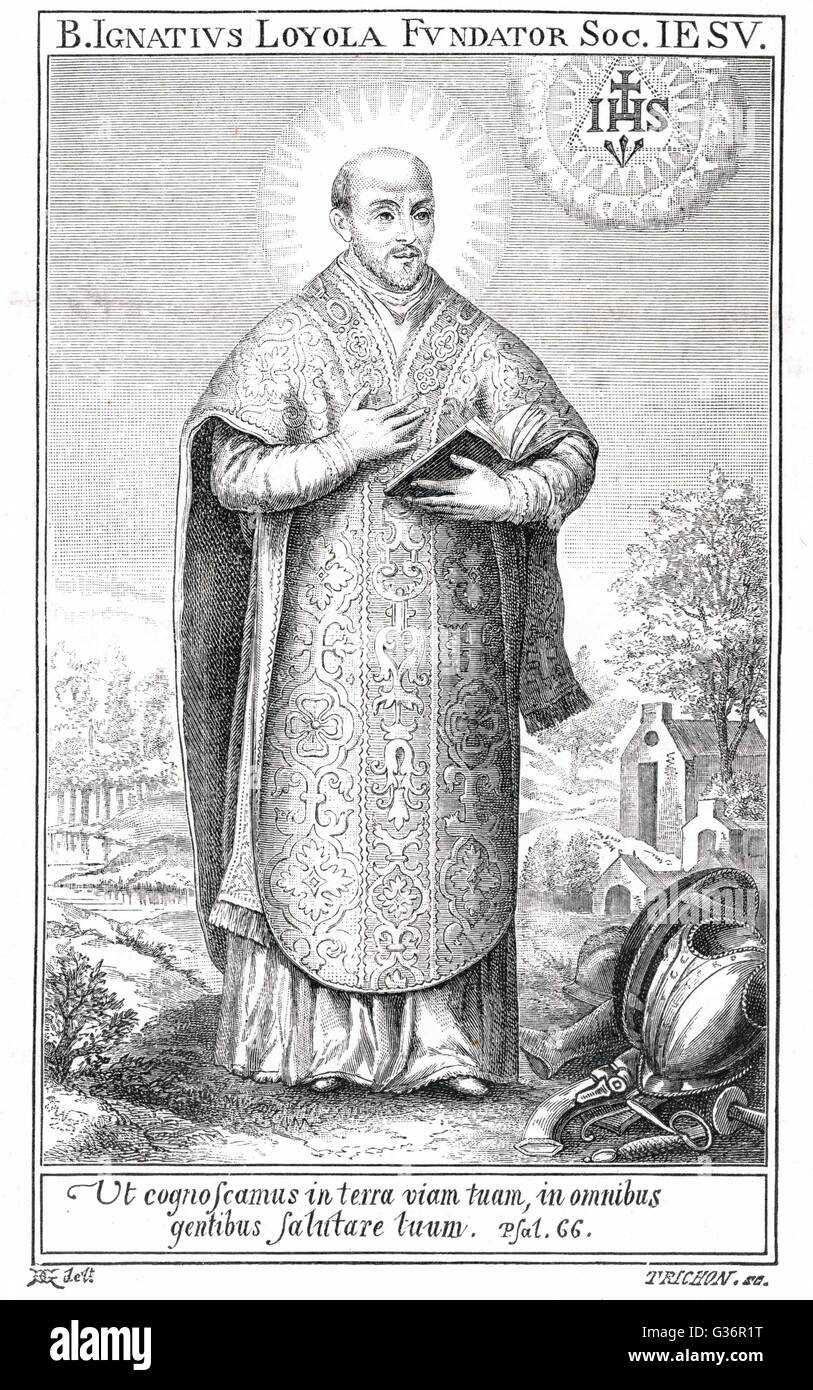 Ignazio di Loyola (1491 - 1556), santa spagnola e fondatore dell'ordine dei Gesuiti in abito ecclesistical con armatura messe da parte. Foto Stock