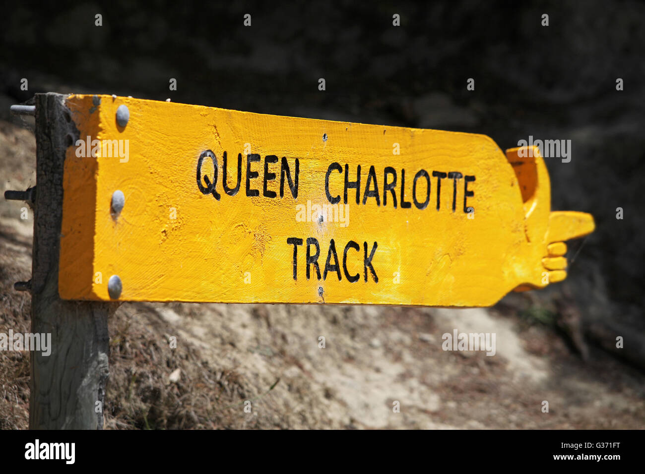 Foto di Tim Cuff - Segno di Queen Charlotte Track, Nuova Zelanda Foto Stock