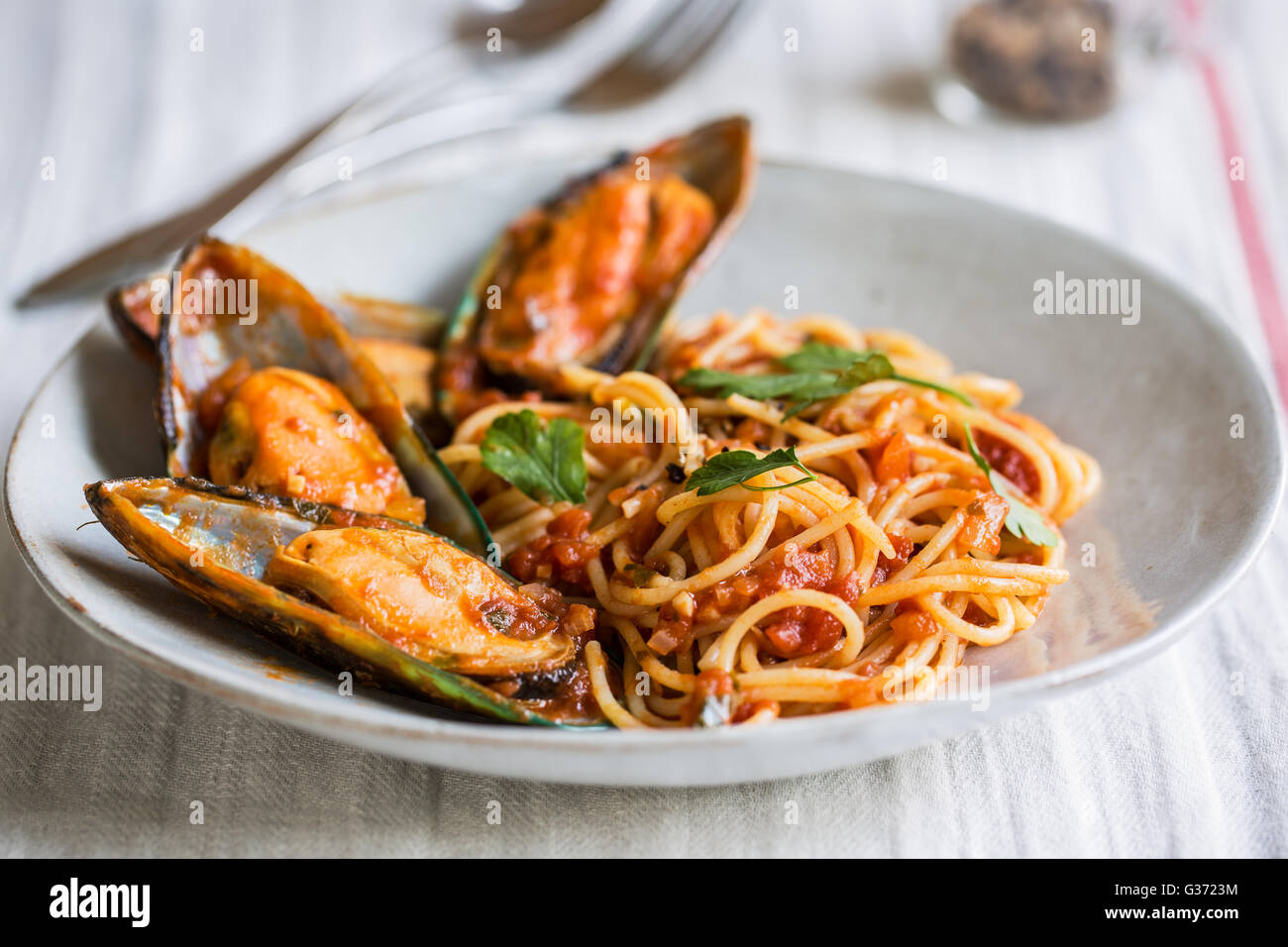 Gli spaghetti con le cozze in pomodoro e salsa di erbe Foto Stock