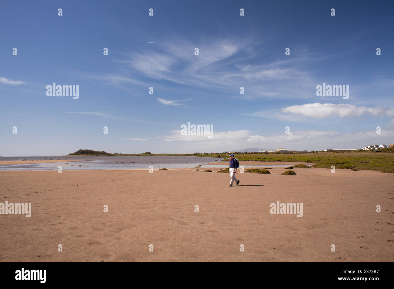 Camminare lungo il bordo del Merse sul Solway Firth. Piccola baia sabbiosa vicino Annan guardando fuori al punto Barnkirk e Criffel Foto Stock