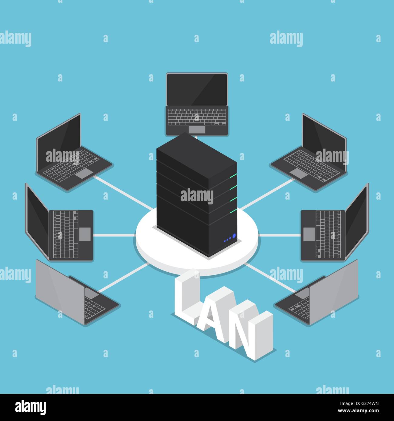 LAN isometrica il diagramma di rete, rete informatica e tecnologia concept Illustrazione Vettoriale