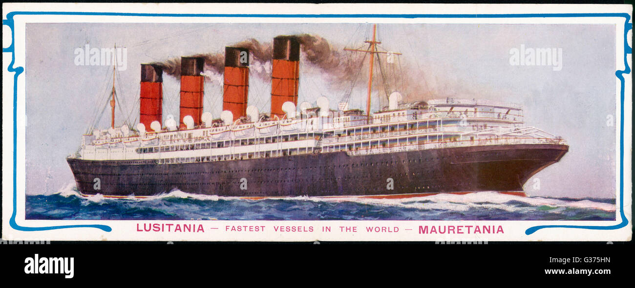Il 'Lusitania' e sua sorella-nave 'Mauretania', Cunarders sull'Atlantico, sono descritti qui come le navi più veloci al mondo. Data: circa 1910 Foto Stock