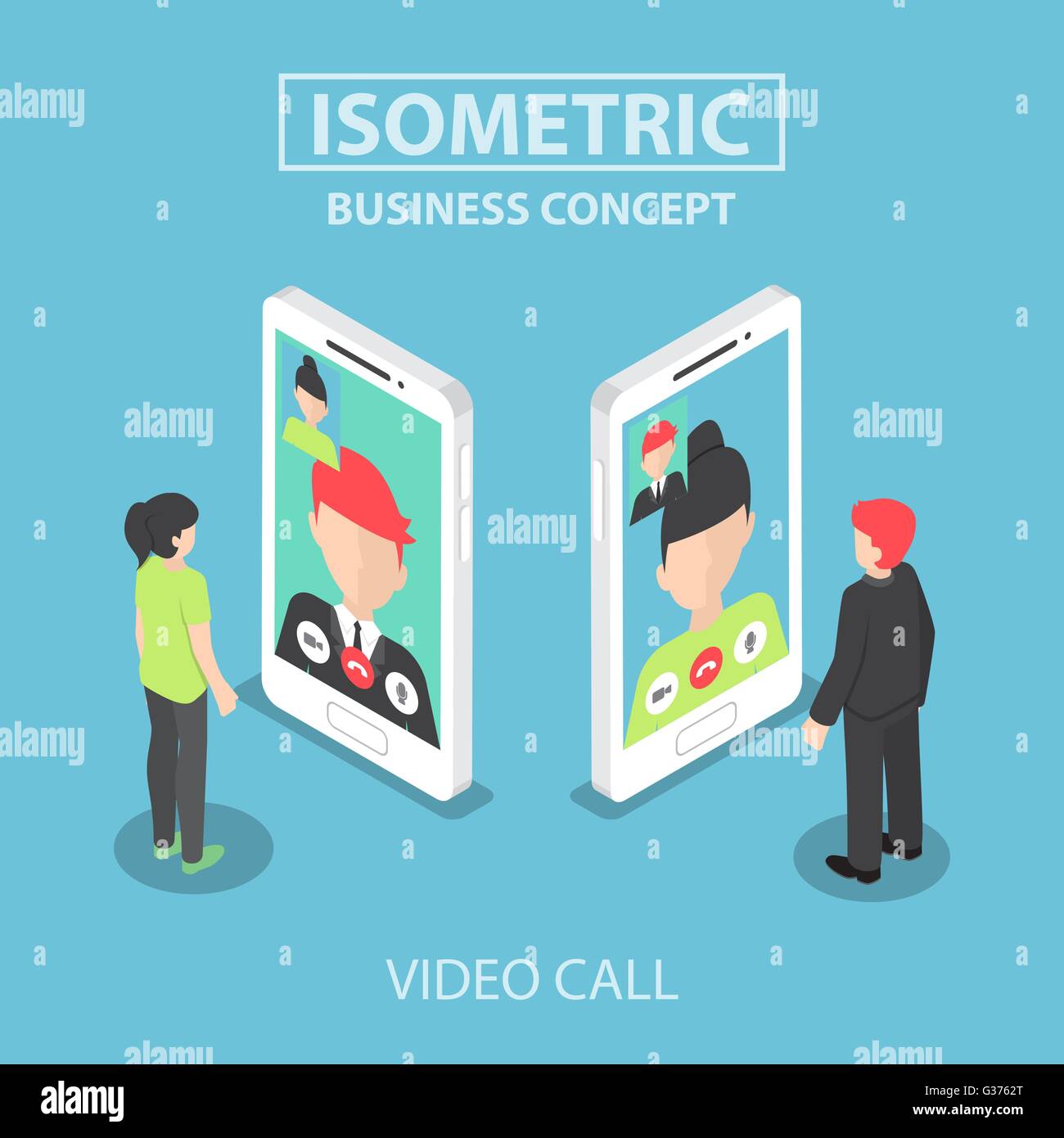 Imprenditore isometrica effettuare una videochiamata con il suo collega sullo smartphone, vettore EPS10 Illustrazione Vettoriale