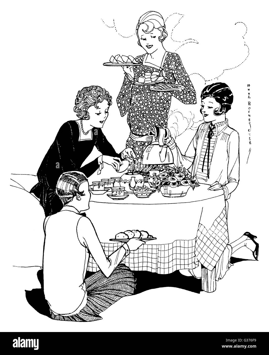 Onorevoli colleghe si riuniscono per un tea-party, con panini e torte. Data: 1927 Foto Stock