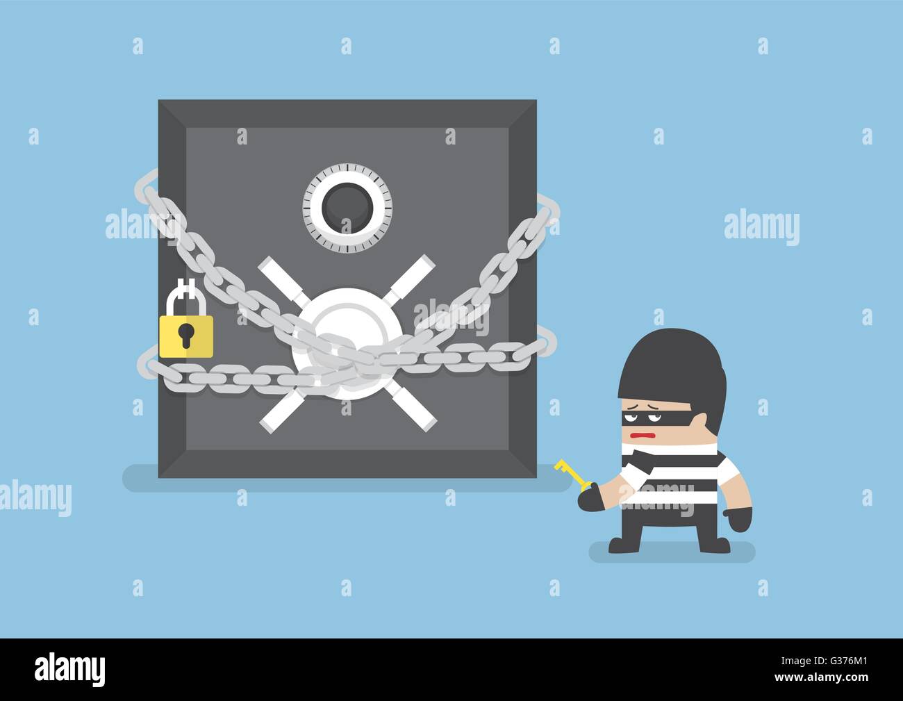 Ladro in piedi nella parte anteriore della cassetta di sicurezza con catena e lucchetto, vettore EPS10 Illustrazione Vettoriale