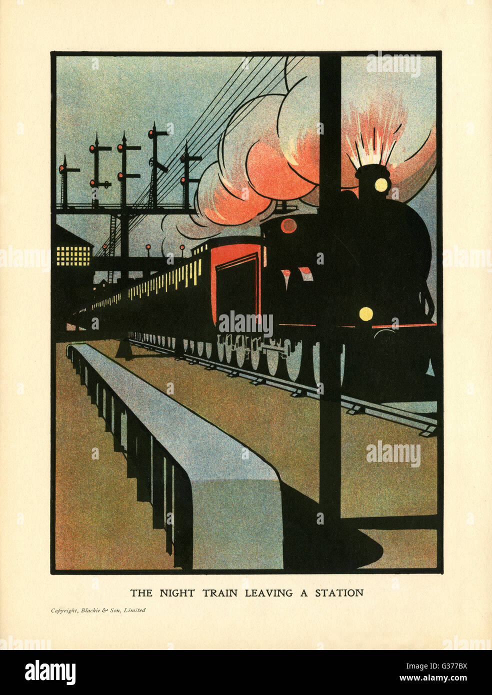 Il treno di notte lasciando una stazione Data: circa 1905 Foto Stock