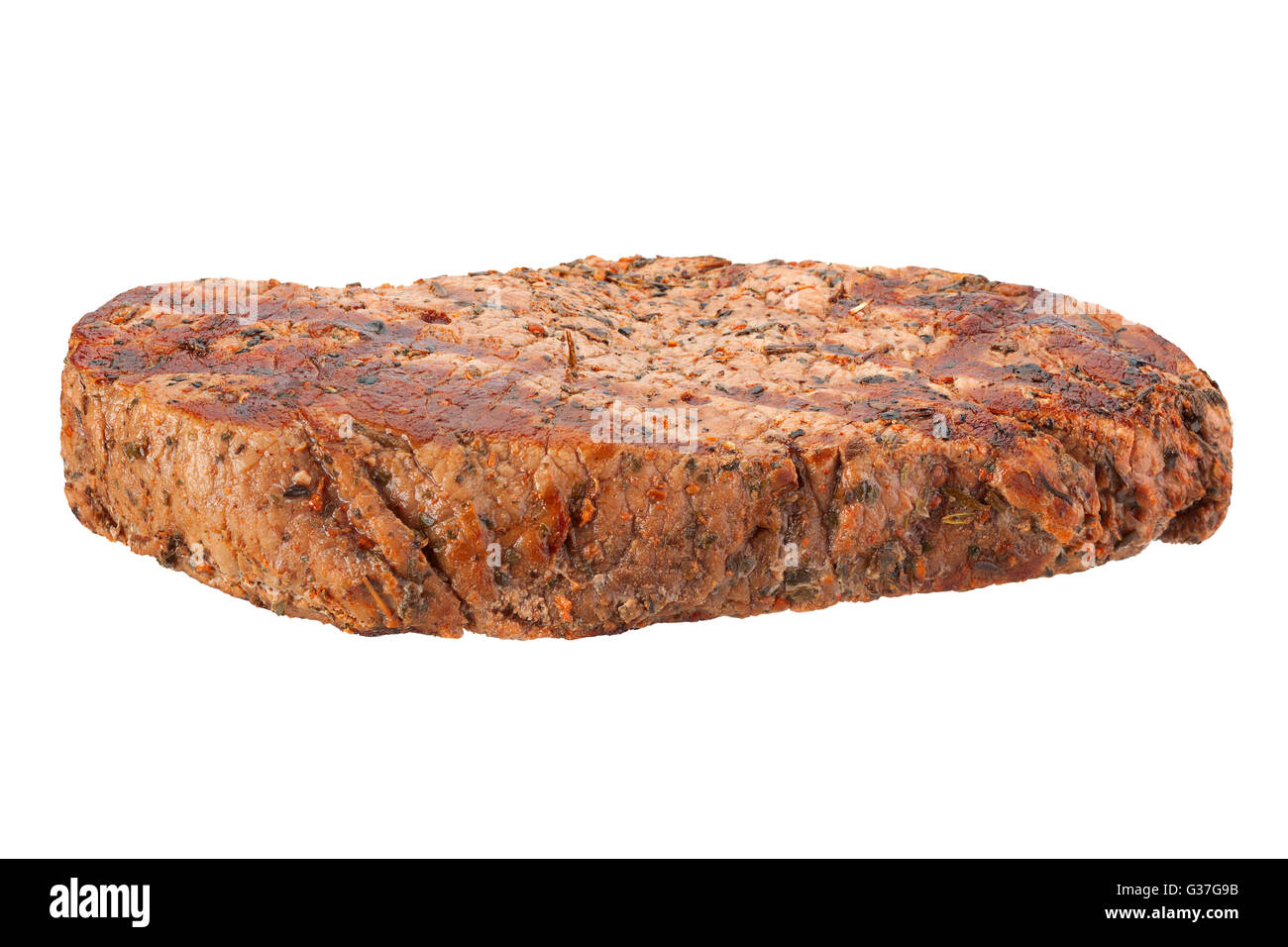 Bistecca di manzo closeup isolati su sfondo bianco Foto Stock