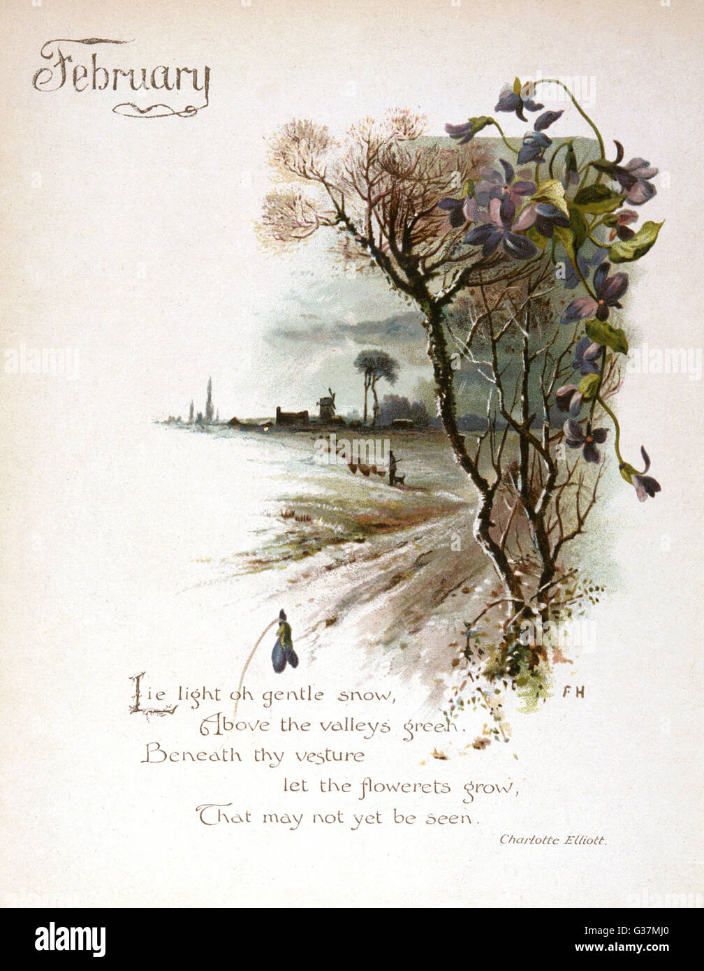 Illustrazione del libro -- febbraio, con un paese nevoso scena. Data: circa 1880 Foto Stock