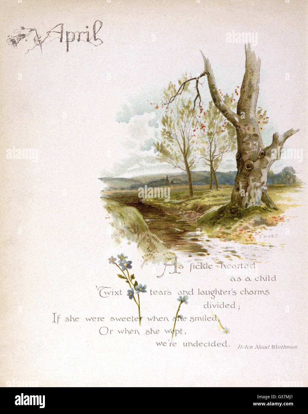 Illustrazione del libro -- Marzo, con bucaneve e una scena di fiume. Data: circa 1880 Foto Stock