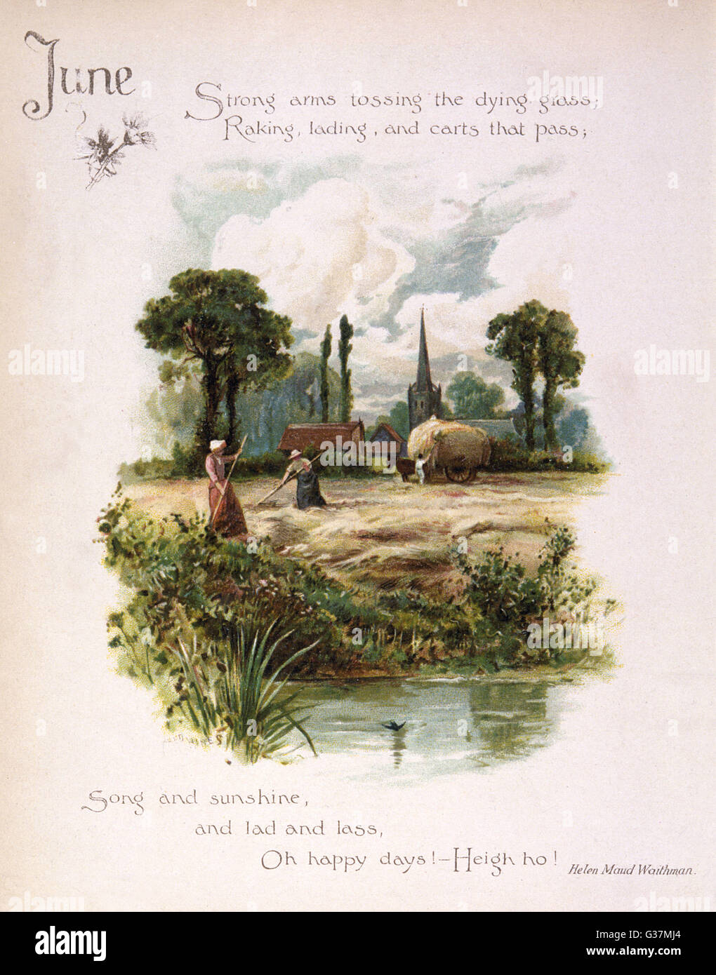 Illustrazione del libro -- giugno, con una scena di fienagione. Data: circa 1880 Foto Stock