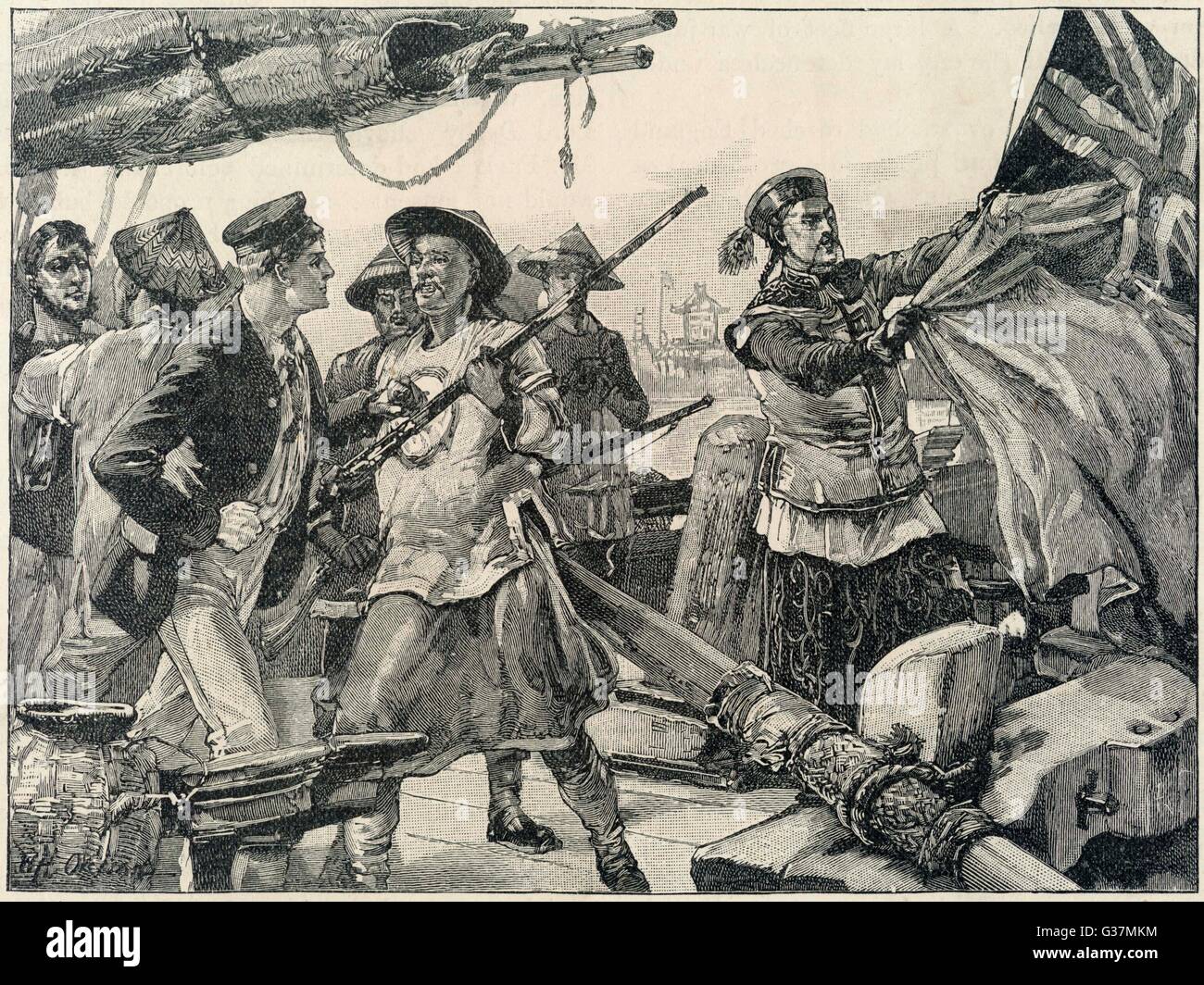 Funzionari cinesi arrestare l'equipaggio della nave britannica freccia, che erano stati impegnati nella lotta alla pirateria. Questa scatenata la Seconda Guerra di oppio. Data: 8 ottobre 1856 Foto Stock